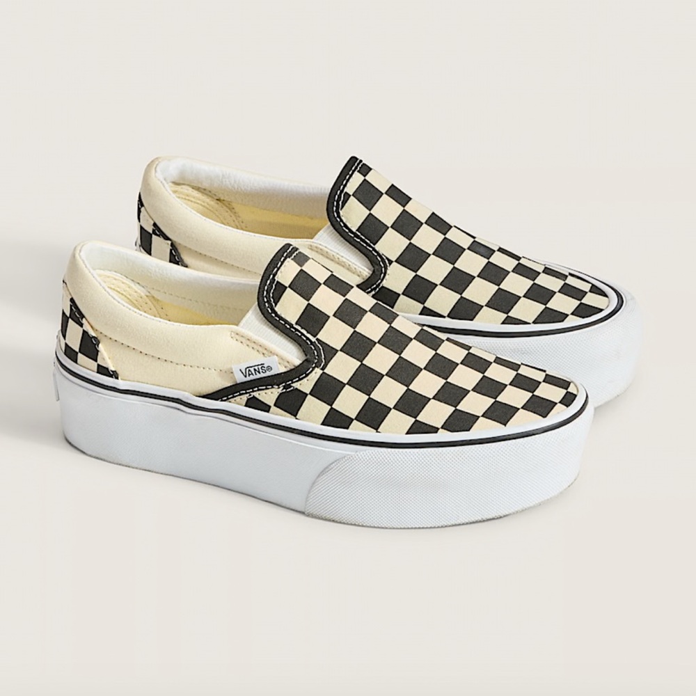 Vans Black and Cream Checkered Slip-On Sneakers